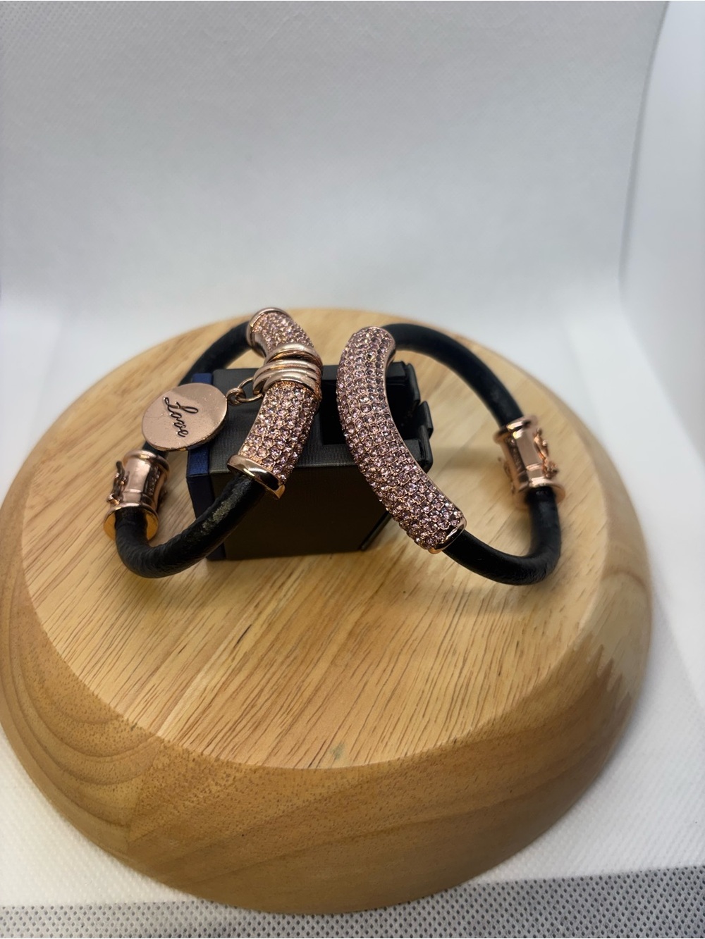 Joan Boyce Black Leather Bracelet Set with Rose Gold Pave Accents